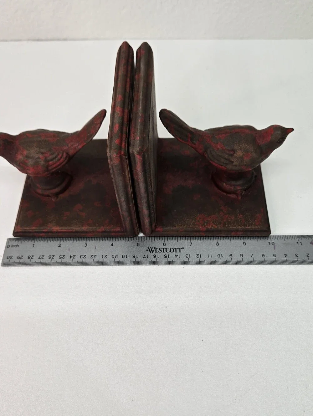 Vtg Cast Iron Songbird Sparrow Bookends Pair Red Paint Country Shelf Art Statues